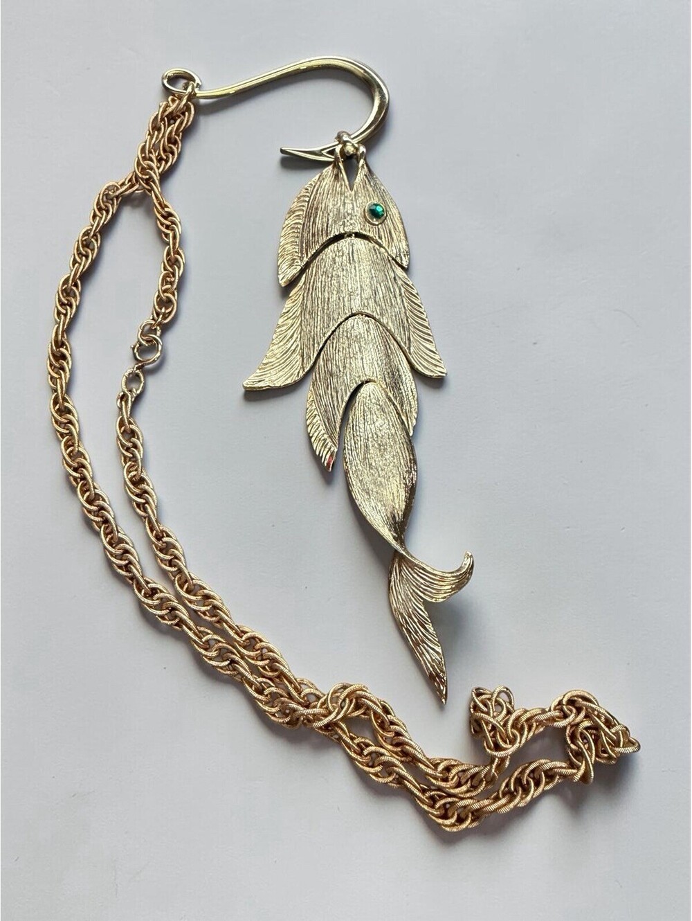 Vintage Napier Gold-Plated Articulated Fish on Hook Pendant Necklace